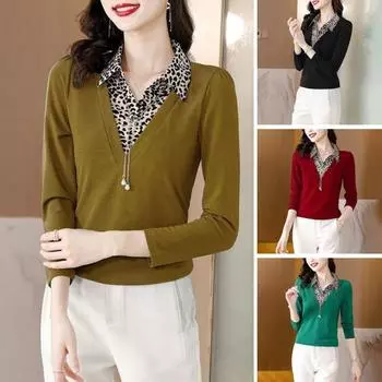 Женская куртка с леопардовым принтом, лоскутная поддельная футболка из двух частей, весна-осень, повседневная, длинная 2XL вино красного