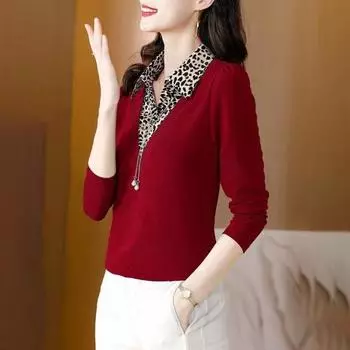 Женская куртка с леопардовым принтом, лоскутная поддельная футболка из двух частей, весна-осень, повседневные тонкие топы с длинным рукавом, базовая куртка для повседневной носки и свиданий 2XL чёрный