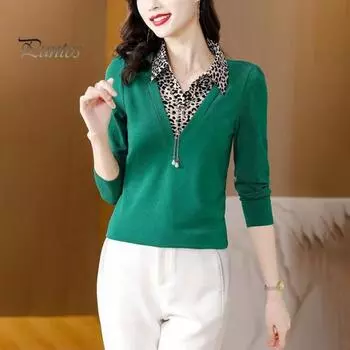 Женская куртка с леопардовым принтом, лоскутная поддельная футболка из двух частей, весна-осень, повседневные тонкие топы с длинным рукавом, базовая куртка для повседневной носки и свиданий XL вино красного