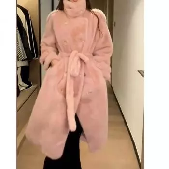 Женская куртка с меховым покрытием 2024 года, новая зимняя утолщенная имитация норки, бархат, большой размер, длинное плюшевое пальто S 90-65kg high 165 times белый