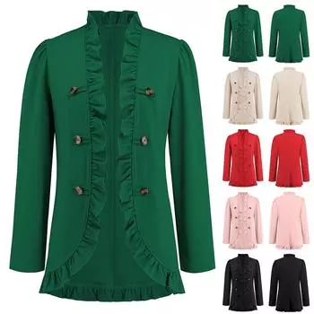 Женская куртка с открытыми пуговицами и рюшами, новый короткий костюм с длинными рукавами, однотонная вечерняя куртка L розовый