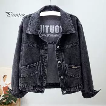 Женская куртка с отложным воротником, длинный рукав, однобортная, однотонная, с пуговицами, вышитыми карманами, короткая, джинсовая, в стиле хип-хоп, уличная, женское пальто M синий