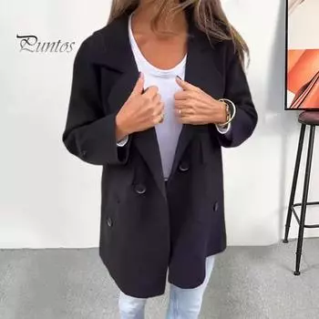 Женская куртка с отложным воротником и карманами, однотонная, с пуговицами, декорированная, свободная, с длинными рукавами, для поездок на работу, свиданий, офиса, весна, осень, зима, пальто M чёрный