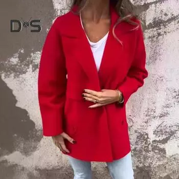 Женская куртка с отложным воротником и карманами, однотонная, с пуговицами, декорированная, свободная, с длинными рукавами, для поездок на работу, свиданий, офиса, весна, осень, зима, пальто M красный