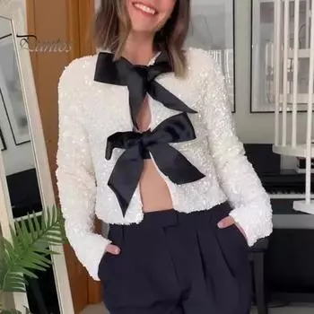 Женская куртка с пайетками, большой бант, декор, свободный круглый вырез, длинные рукава, однотонный кардиган, пальто, короткая верхняя одежда для свиданий, поездок на работу, клубных вечеринок S белый