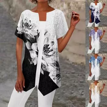 Женская куртка с повседневным принтом и цветочным принтом, удобное модное пальто с короткими рукавами, кардиган XL синий