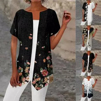 Женская куртка с повседневным принтом и цветочным принтом, удобное модное пальто с короткими рукавами, кардиган XXXL чёрный