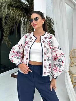 Женская куртка с принтом и круглым вырезом, длинным рукавом-фонариком, тонкое короткое пальто, женская верхняя одежда ранней осени L