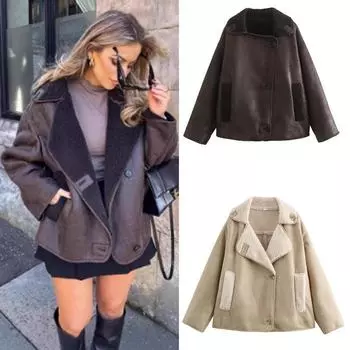 Женская куртка с трехцветным меховым лацканом осень/зима 2024 года – европейская и американская модная повседневная одежда M темно-коричневого