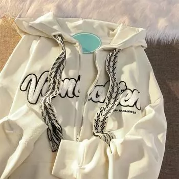 Женская куртка с вышивкой букв унисекс, свободный кардиган, пальто, женская мода, толстовки в стиле ретро, уличная одежда, пальто большого размера S белый