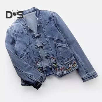 Женская куртка с вышивкой в виде бабочки, однобортная, с длинным рукавом, однотонная, с отложным воротником, приталенная, в китайском стиле, женское джинсовое пальто 2XL синий