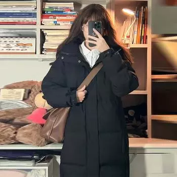 Женская куртка Same Down Jacket средней и длинной длины до колена, черная с капюшоном XS чёрный