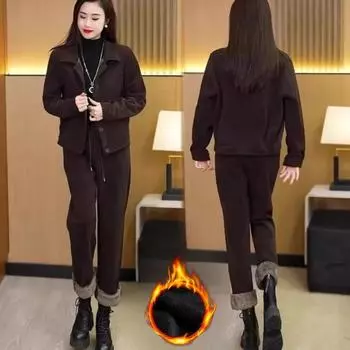Женская куртка + шаровары, комплект из двух предметов, осень-зима, повседневные брюки, комплекты из толстого вельвета, модный теплый бархат XXXXL чёрный