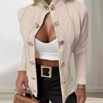 Женская куртка Slim Fit с воротником-стойкой, длинными рукавами, металлическими пуговицами, жаккардовая верхняя одежда чистого цвета, однотонное пальто для поездок на работу и свиданий S хаки