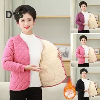 Женская куртка среднего возраста, плюшевая, утолщенная, флисовая, с V-образным вырезом, однобортная, облегающая, с длинными рукавами, теплые карманы, пальто для мам S фиолетовый