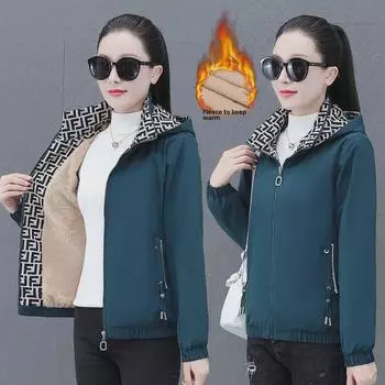 Женская куртка среднего возраста с капюшоном и флисовой подкладкой: Съемный и теплый для осени/зимы L темно-синий