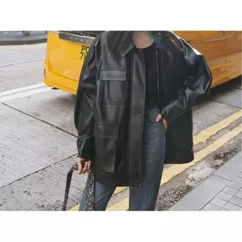 Женская куртка средней длины из искусственной кожи на весну и осень, однотонная свободная байкерская куртка с отворотами для студентов XL чёрный