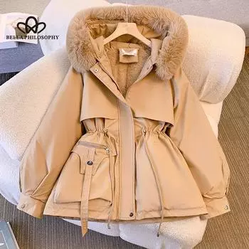 Женская куртка средней длины с капюшоном и большим меховым воротником, с хлопковой подкладкой из кашемира, корейское зимнее пальто с хлопковой подкладкой M