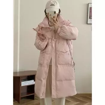 Женская куртка средней и длинной длины выше колена с капюшоном, утолщенная, свободная, на белом утином пуху S