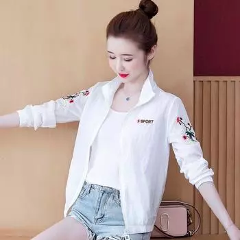 Женская куртка-стойка, спортивная тонкая куртка для спорта на открытом воздухе, повседневная куртка с солнцезащитным кремом и вышивкой S белый