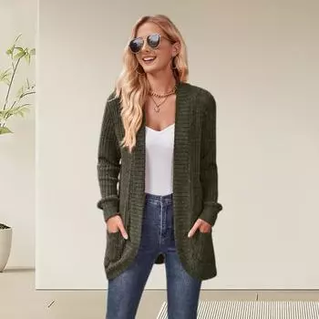 Женская куртка-свитер с ажурным шитьем, трикотажное однотонное пальто, свободное теплое с длинными рукавами, для поездок на работу, свиданий, весна, осень, зима, верхняя одежда L хаки