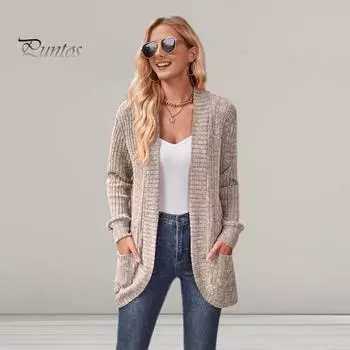 Женская куртка-свитер с ажурным шитьем, трикотажное однотонное пальто, свободное теплое с длинными рукавами, для поездок на работу, свиданий, весна, осень, зима, верхняя одежда L небесно-голубой