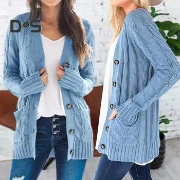 Женская куртка-свитер с длинным рукавом, на пуговицах, вязаное зимнее пальто с карманом, однотонный свободный свитер S белый