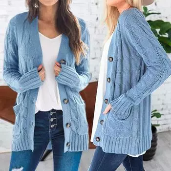 Женская куртка-свитер с длинным рукавом, на пуговицах, вязаное зимнее пальто с карманом, однотонный свободный свитер S вино красного