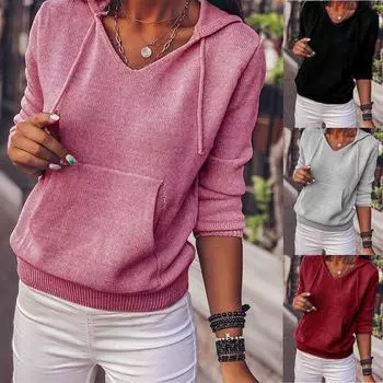 Женская куртка-свитер с капюшоном и завязками - Осень/Зима, карман сверху S розовый