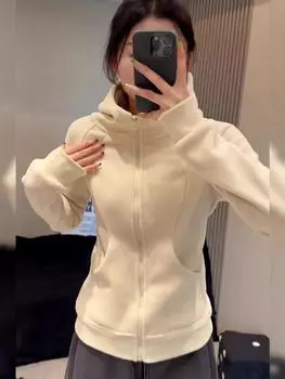Женская куртка-свитер с капюшоном на молнии, осень-зима 2024, новый утолщенный бархатный спортивный кардиган с тонкой талией S 80-45 kg