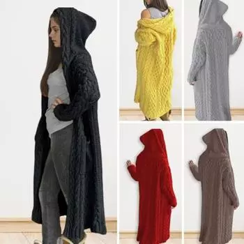 Женская куртка-свитер с карманами, средней длины, с капюшоном, трикотажная скрученная текстура, однотонная, с длинным рукавом, куртка больших размеров, плотная, повседневная верхняя одежда для поездок на работу S небесно-голубой