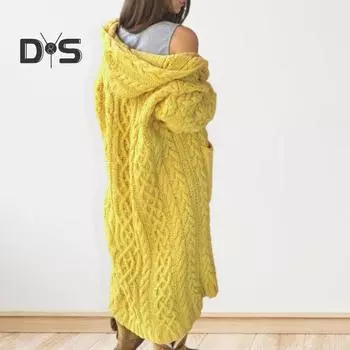 Женская куртка-свитер с карманами, средней длины, с капюшоном, трикотажная скрученная текстура, однотонная, с длинным рукавом, куртка больших размеров, плотная, повседневная верхняя одежда для поездок на работу S небесно-голубой