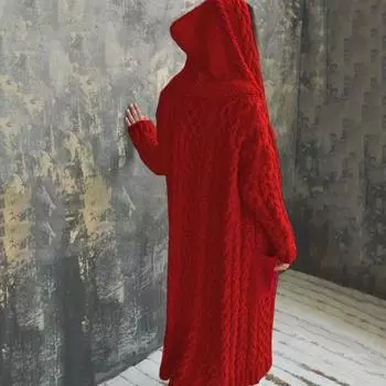 Женская куртка-свитер с карманами, средней длины, с капюшоном, трикотажная скрученная текстура, однотонная, с длинным рукавом, куртка больших размеров, плотная, повседневная верхняя одежда для поездок на работу S вино красного