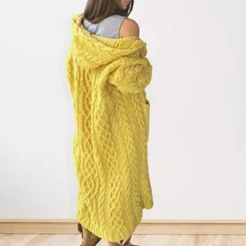 Женская куртка-свитер с карманами, средней длины, с капюшоном, трикотажная скрученная текстура, однотонная, с длинным рукавом, куртка больших размеров, плотная, повседневная верхняя одежда для поездок на работу S небесно-голубой