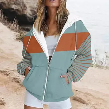 Женская куртка-свитер в полоску с цветными блоками, с длинным рукавом, свободная спортивная куртка с капюшоном L
