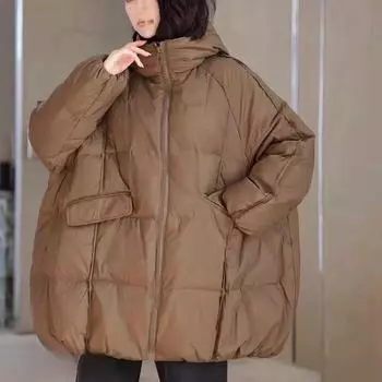 Женская куртка свободного кроя с капюшоном на белом утином пуху из коллекции осень/зима 2024 года, большие размеры, силуэт средней длины. One Size чёрный