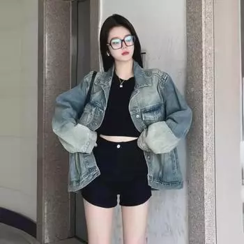 Женская куртка свободного покроя из денима в американском стиле в стиле ретро - стиль BF, рабочая одежда весна и осень S (recommended for 80-100 lbs)