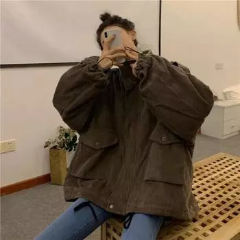 Женская куртка свободного покроя из вельвета с подкладкой на осень и зиму, молодежная рабочая куртка с длинными рукавами и лацканами 3XL серый