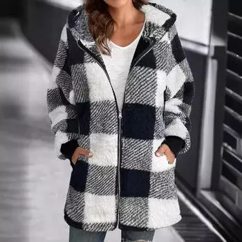 Женская куртка свободного покроя на молнии из шерпы с карманами, флисовая толстовка с капюшоном в клетку, зимнее пальто-тедди, верхняя одежда S чёрный
