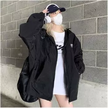Женская куртка свободного покроя с капюшоном на весну и осень, повседневная куртка средней длины с длинными рукавами 2XL чёрный