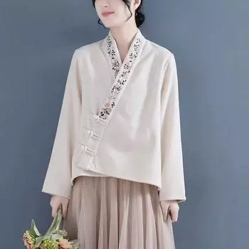 Женская куртка свободного покроя с V-образным вырезом и вышивкой на весну и осень, зимняя, двухсторонняя, из немецкого бархата, с длинными рукавами, с застежкой на пуговицы 3XL чёрный