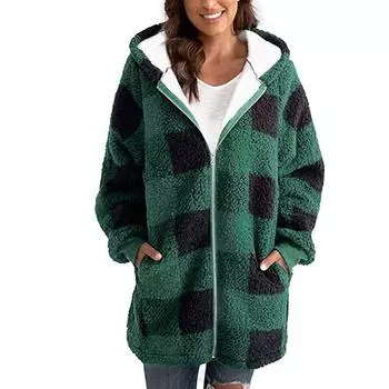 Женская куртка в клетку, толстовка с капюшоном, теплый пухлый свитер с открытым лбом и карманами S зелёный