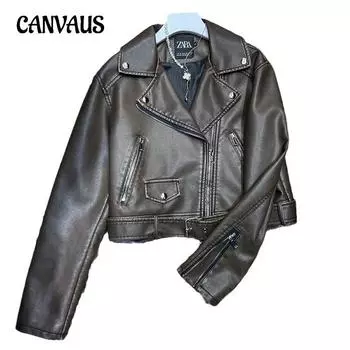 Женская куртка в стиле ретро больших размеров, байкерская стираная куртка, короткая куртка M кофейный