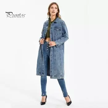 Женская куртка в стиле ретро, облегающий крой, стираный деним, средней длины, отложной воротник, застежка на пуговицы, длинный рукав, пальто, однотонное, с нагрудными карманами, верхняя одежда S синий