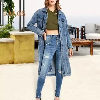 Женская куртка в стиле ретро, облегающий крой, стираный деним, средней длины, отложной воротник, застежка на пуговицы, длинный рукав, пальто, однотонное, с нагрудными карманами, верхняя одежда S синий