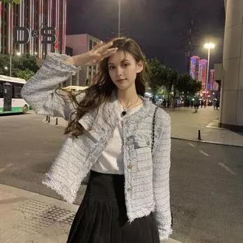 Женская куртка в стиле знаменитостей, короткая, с круглым вырезом, длинными рукавами, однобортный кардиган, рваное пальто, верхняя одежда осень-зима M светло-розовый