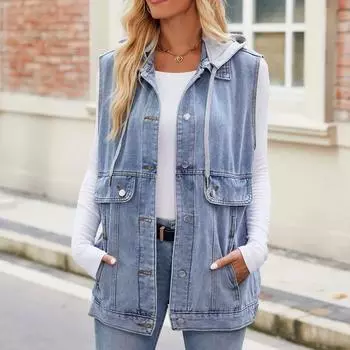 Женская куртка, весенняя джинсовая жилетка без рукавов с капюшоном, модная повседневная толстовка с капюшоном XL чёрный