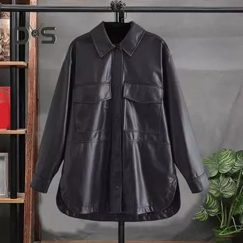 Женская куртка весна-осень из гладкой искусственной кожи с лацканами, ветрозащитная, с длинным рукавом, свободная, однобортная, с карманами, разрезом по низу, кардиган средней длины L чёрный