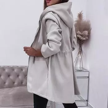 Женская куртка ветровка с капюшоном, затягивающимся шнурком на талии, большими карманами, однотонная застежка-молния, термобелье с длинными рукавами для велоспорта, пешего туризма, тренировок S серый