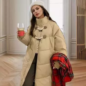 Женская куртка YJKDYK 2024 зимняя женская длинная хлопковая куртка с высоким воротником и капюшоном на роговых пуговицах парки пальто женская повседневная куртка S хаки